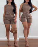 2 Pieces Outfits Round Neck Sleeveless Tank and Casual Ruched Shorts Set