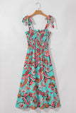 Green Abstract Print Smocked Bodice Knotted Straps Ruffled Maxi Dress