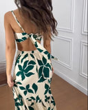 Plants Print Spaghetti Strap Ring Decor V Neck Dress Casual Waist Cutout Vacation Maxi Dress