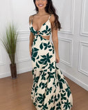 Plants Print Spaghetti Strap Ring Decor V Neck Dress Casual Waist Cutout Vacation Maxi Dress