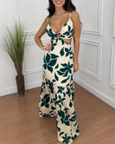 Plants Print Spaghetti Strap Ring Decor V Neck Dress Casual Waist Cutout Vacation Maxi Dress