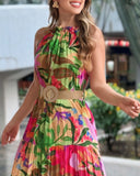 Tropical Print Halter Ruched Sleeveless Maxi Dress Casual A Line Flowy Smock Dress