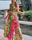 Tropical Print Halter Ruched Sleeveless Maxi Dress Casual A Line Flowy Smock Dress