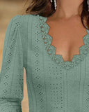 Deep V Neck Contrast Lace Three Quarters Sleeves Tee Casual Shirred & Frill Hem Cuffs Breathable Top