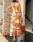 Geometric Print V Neck Thick Strap Tied Detail Dress Casual Slit Maxi Dress