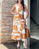 Geometric Print V Neck Thick Strap Tied Detail Dress Casual Slit Maxi Dress
