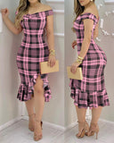 Plaid Off Shoulder Ruffle Hem Slit Dress