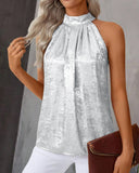 Metal Luster Ruched Halter Neck Blouse Tank Casual Loose Fit Top