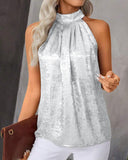 Metal Luster Ruched Halter Neck Blouse Tank Casual Loose Fit Top
