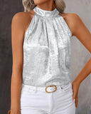 Metal Luster Ruched Halter Neck Blouse Tank Casual Loose Fit Top