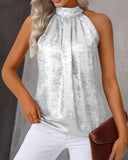 Metal Luster Ruched Halter Neck Blouse Tank Casual Loose Fit Top