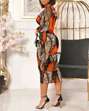 2 Piece Leopard Print Mock Neck Long Sleeve Mid Calf Dress Sheer Mesh Party Dress with Short Pants