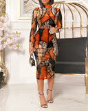 2 Piece Leopard Print Mock Neck Long Sleeve Mid Calf Dress Sheer Mesh Party Dress with Short Pants