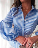 Striped Print Turn Down Collar Lantern Sleeve Slim Fit Blouse Front Button Casual Top