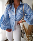 Striped Print Turn Down Collar Lantern Sleeve Slim Fit Blouse Front Button Casual Top