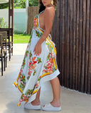 Tropical Coconut Tree Print Backless Asymmetrical Dress