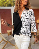 Colorblock Abstract Print Turn down Collar Long Sleeve Blouse Casual Button Front Top