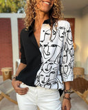 Colorblock Abstract Print Turn down Collar Long Sleeve Blouse Casual Button Front Top