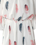 Feather Print Off Shoulder Bell Sleeve Casual Dress