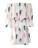 Feather Print Off Shoulder Bell Sleeve Casual Dress