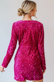 Pitaya Pink Velvet Sequin Long Sleeve V Neck Wrapped Mini Dress