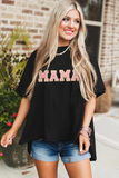 Black MAMA Patched Graphic Drop Shoulder Loose Tee