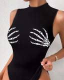 Halloween Skeleton Print Sleeveless Bodysuit