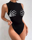 Halloween Skeleton Print Sleeveless Bodysuit