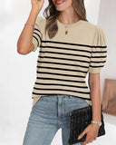 Striped Print Round Neck Puff Sleeve Sweater  Caual Loose Fit Work Top