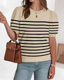 Striped Print Round Neck Puff Sleeve Sweater  Caual Loose Fit Work Top