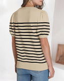 Striped Print Round Neck Puff Sleeve Sweater  Caual Loose Fit Work Top