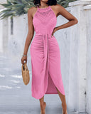 Halter Hollow out A Line Sleeveless Front Slit Ruched Maxi Dress Vacation Dress