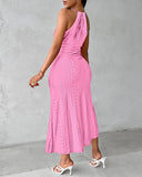 Halter Hollow out A Line Sleeveless Front Slit Ruched Maxi Dress Vacation Dress