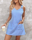 Striped Eyelet Pocket Design Casual Dress