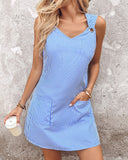 Striped Eyelet Pocket Design Casual Dress