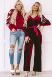 Fiery Red Velvet Pocketed Cut out Back Wide Leg Jumpsuit