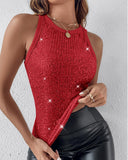 Allover Sequin O neck Sleeveless Tank Tops Slim Fitted Shirt