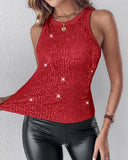 Allover Sequin O neck Sleeveless Tank Tops Slim Fitted Shirt
