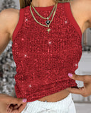 Allover Sequin O neck Sleeveless Tank Tops Slim Fitted Shirt