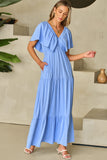 Sky Blue Textured V Neck Flutter Sleeve Ruffled Maxi Dress