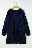 Navy Blue Plus Size Textured Velvet Tiered Button V Neck Dress