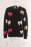 Black Valentine Bow Print Crew Neck Drop Shoulder Sweater