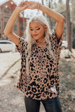 Brown Leopard Print V Neck Half Sleeve Oversized Tee