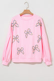 Light Pink Embroidered Bow Lantern Sleeve Oversized Pullover Sweatshirt