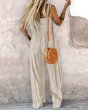 Tie Dye Print Square Neck Thick Strap Shirred Wide Leg Jumpsuit Casual Overalls with Pockets