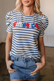 Blue Stripe America Cursive Graphic Puff Sleeve T-shirt