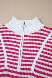 Pink Stripe Zip up Collar Drop Shoulder Sweater