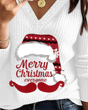 Merry Christmas Everyone Cartoon Print V Neck Contrast Lace Top