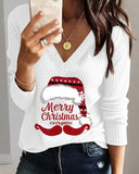 Merry Christmas Everyone Cartoon Print V Neck Contrast Lace Top