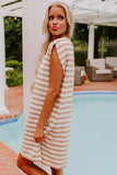 Khaki Stripe Round Neck Sleeveless Casual Pocketed Mini Dress